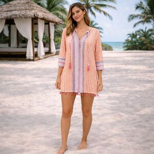 J Crew Orange Striped Linen Tunic Pink Tassels Women XXS Swim Cover Beach Preppy